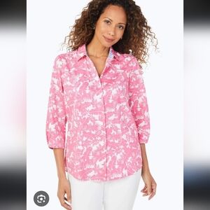 Foxcroft Pink Palm Print Button Down Shirt